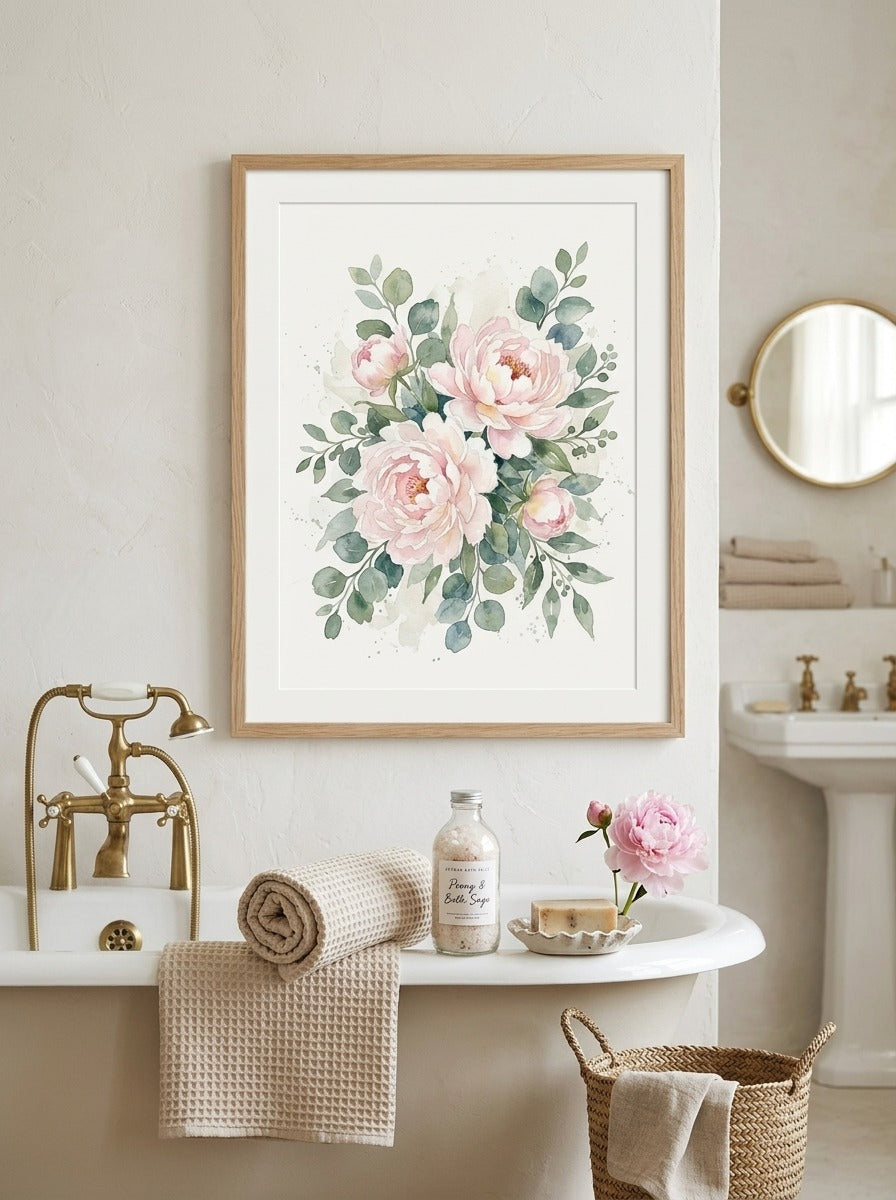 Framed - Elegant Blush Peony & Eucalyptus Watercolor Botanical Print