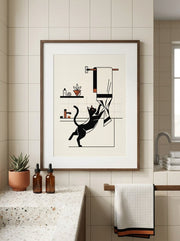 Framed - Playful Kitty Bathroom Art Print - Mid-Century Charm