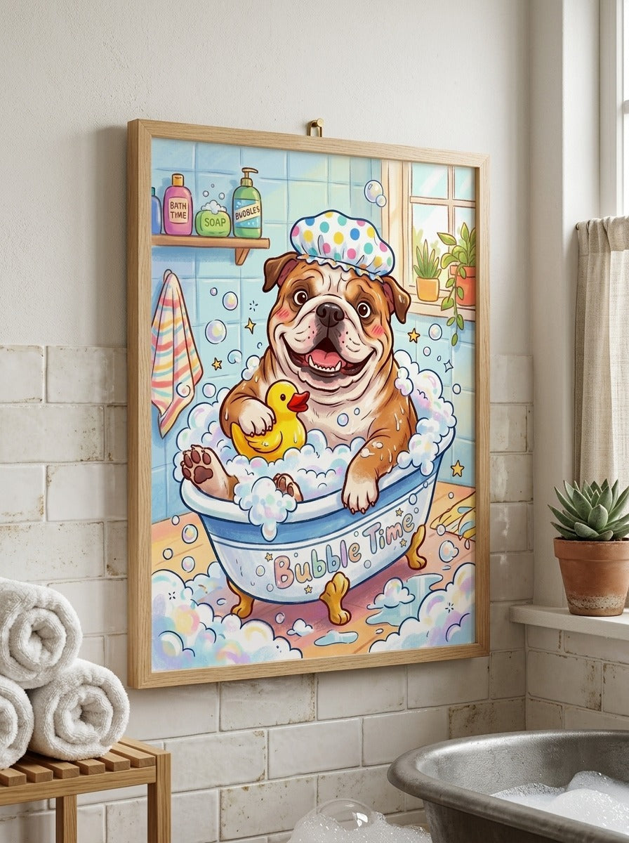 Joyful Bulldog Bubble Bath Art Print