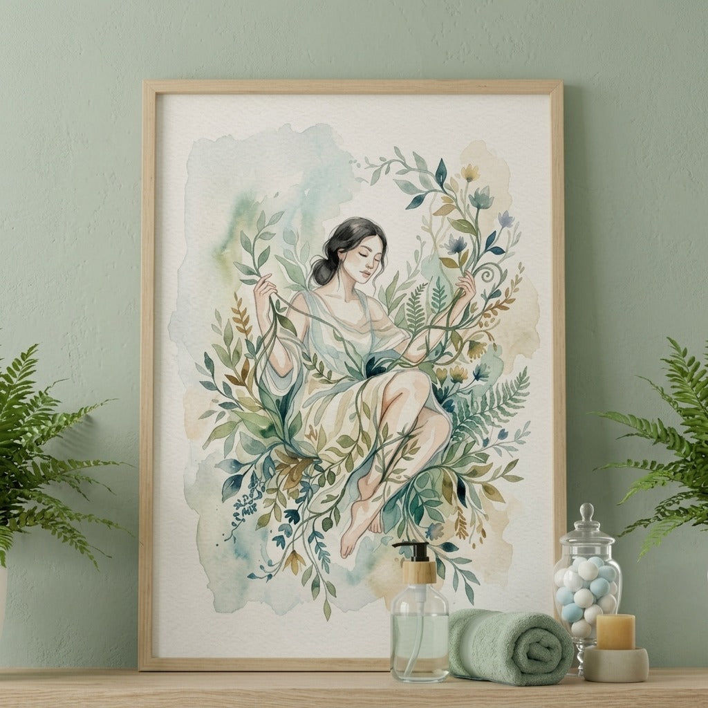 Serene Botanical Embrace - Watercolor Woman in Nature Wall Print