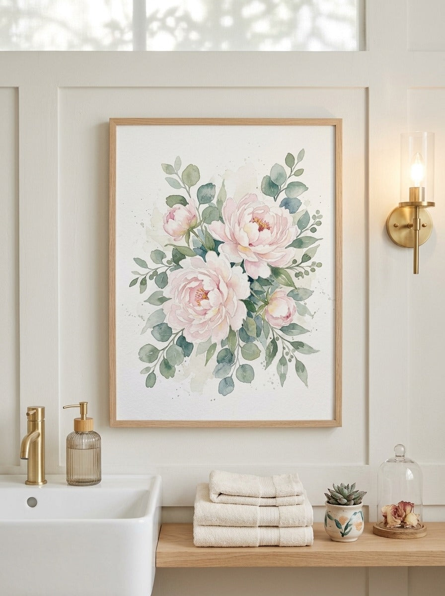 Framed - Elegant Blush Peony & Eucalyptus Watercolor Botanical Print