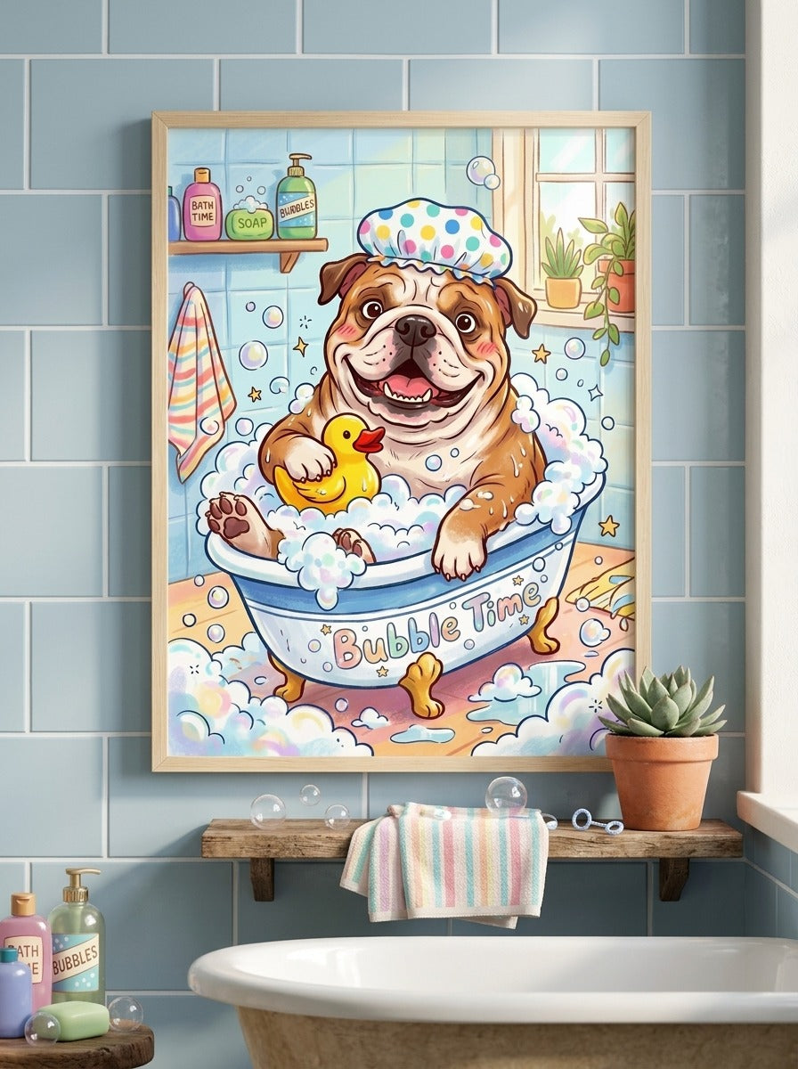 Joyful Bulldog Bubble Bath Art Print