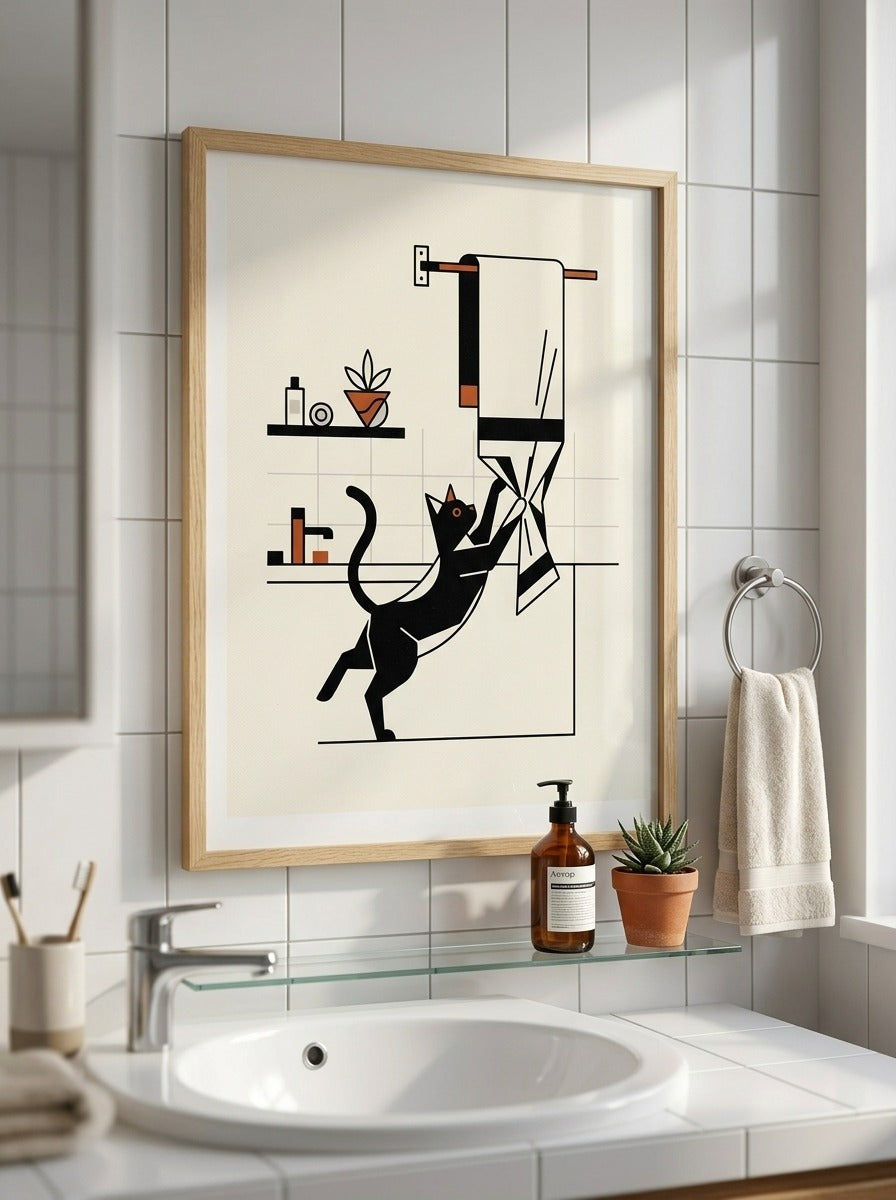 Framed - Playful Kitty Bathroom Art Print - Mid-Century Charm