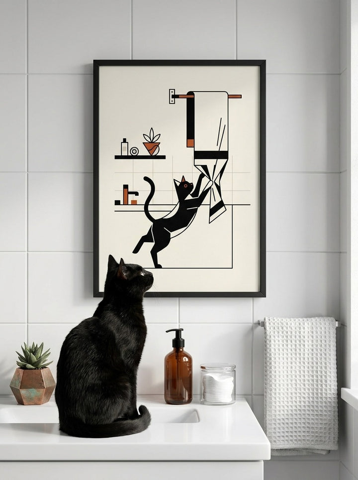 Playful Kitty Bathroom Art Print - Mid-Century Charm