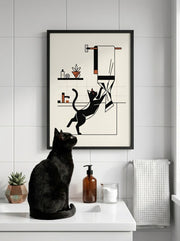 Framed - Playful Kitty Bathroom Art Print - Mid-Century Charm