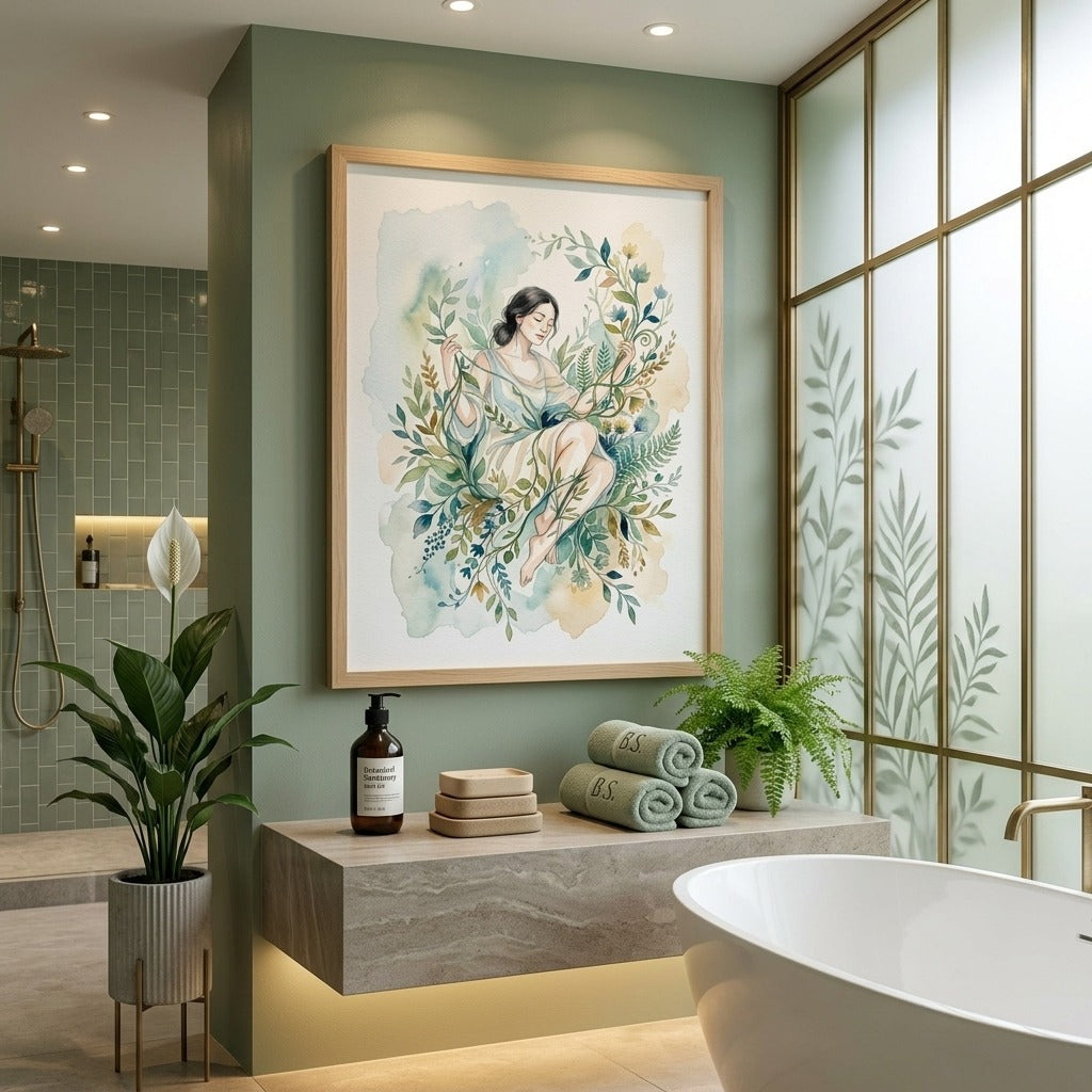 Serene Botanical Embrace - Watercolor Woman in Nature Wall Print