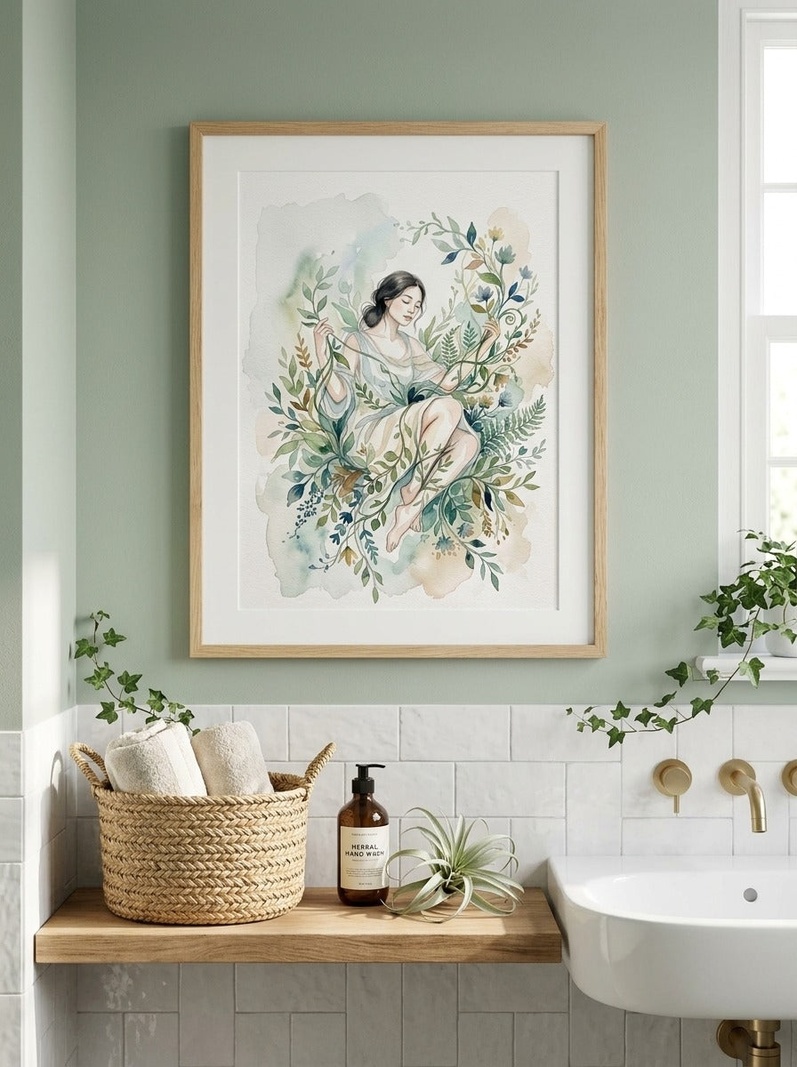 Framed - Serene Botanical Embrace - Watercolor Woman in Nature Wall Print