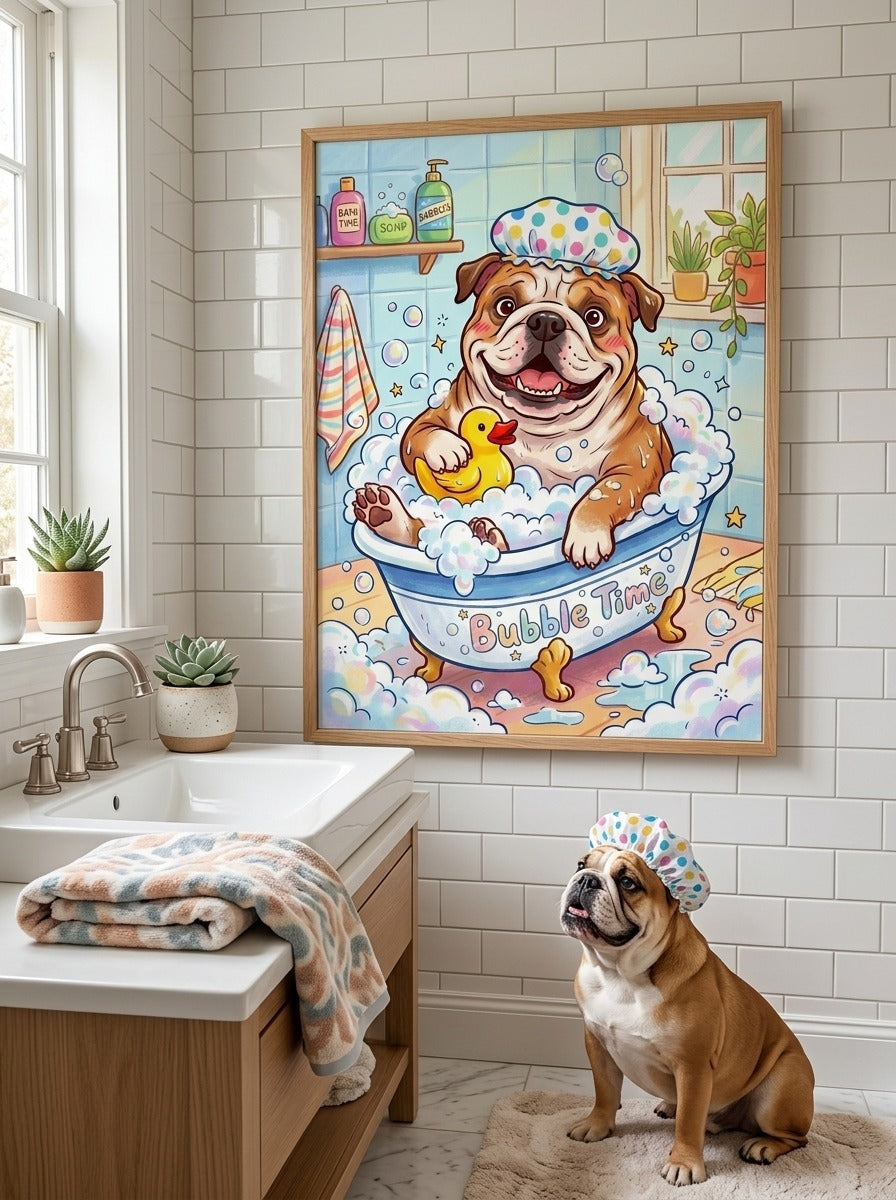 Joyful Bulldog Bubble Bath Art Print