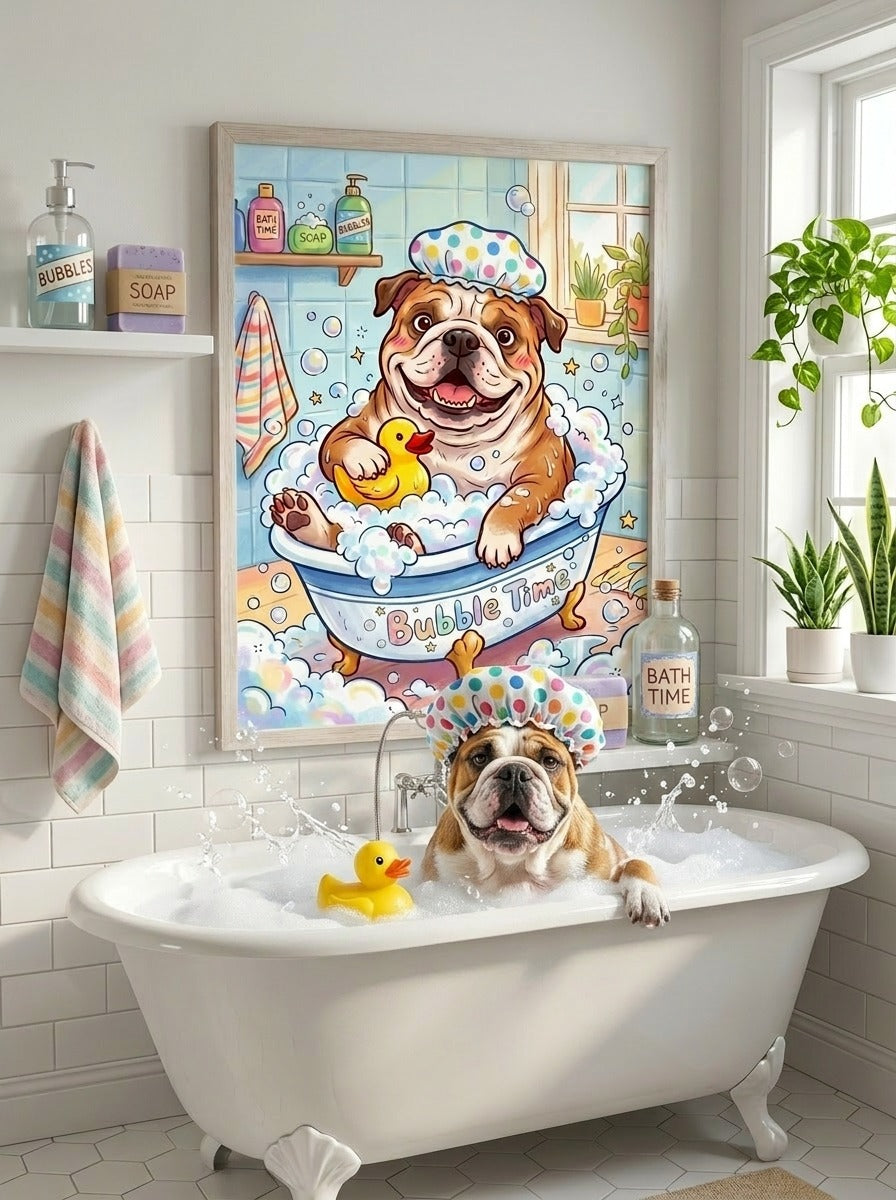 Joyful Bulldog Bubble Bath Art Print