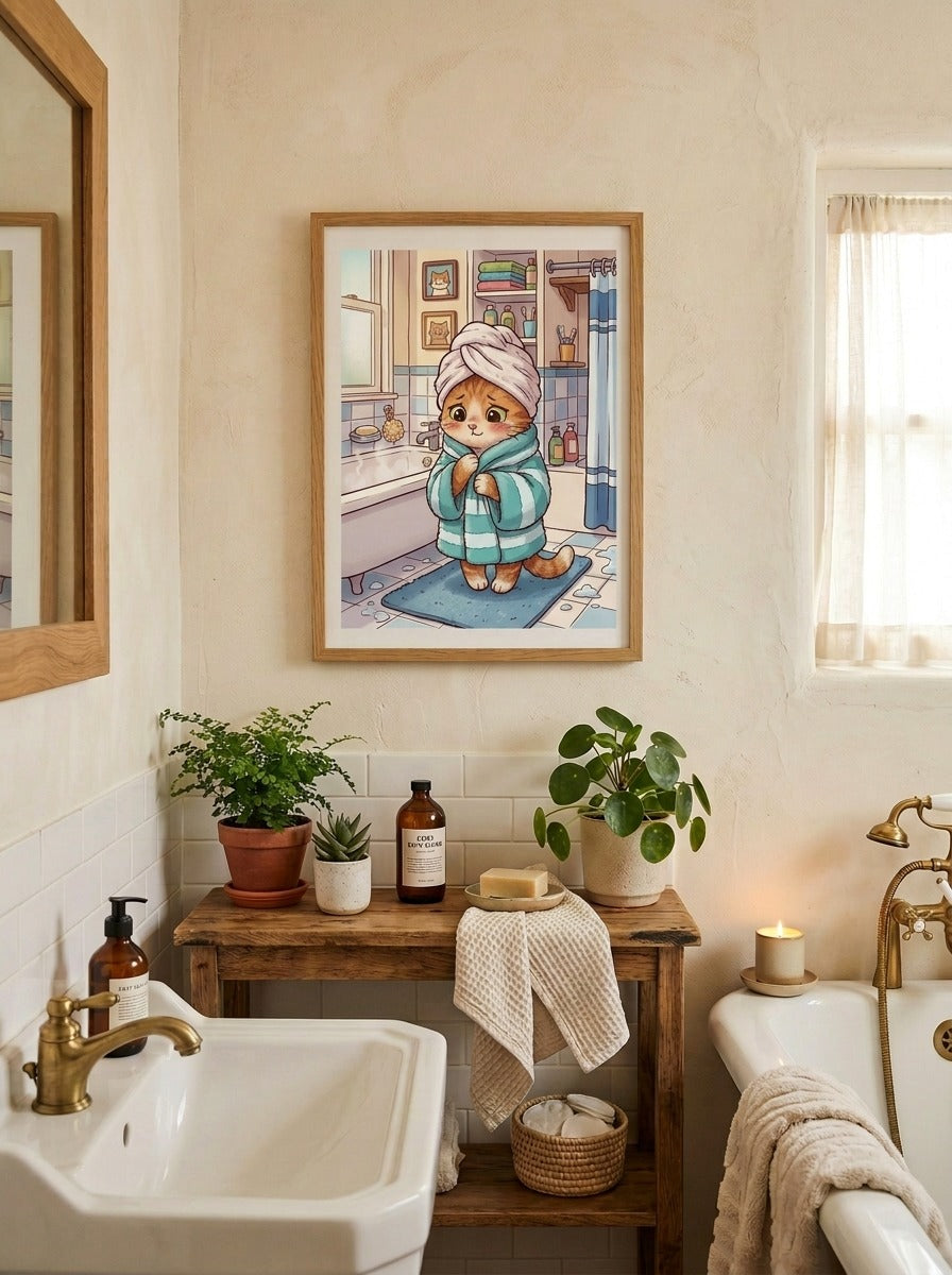 Misty Morning Kitten: Adorable Cat Bath Time Poster