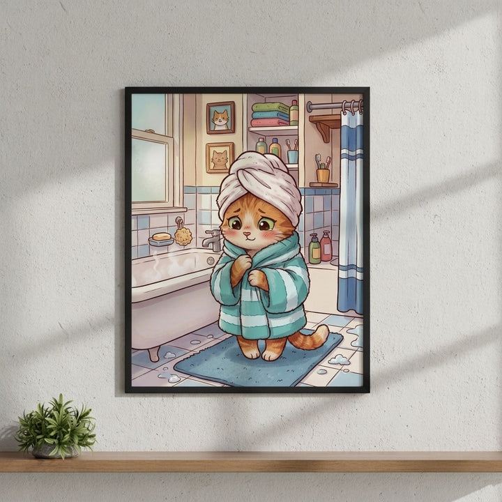 Misty Morning Kitten: Adorable Cat Bath Time Poster