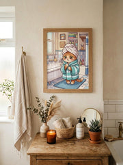 Misty Morning Kitten: Adorable Cat Bath Time Poster